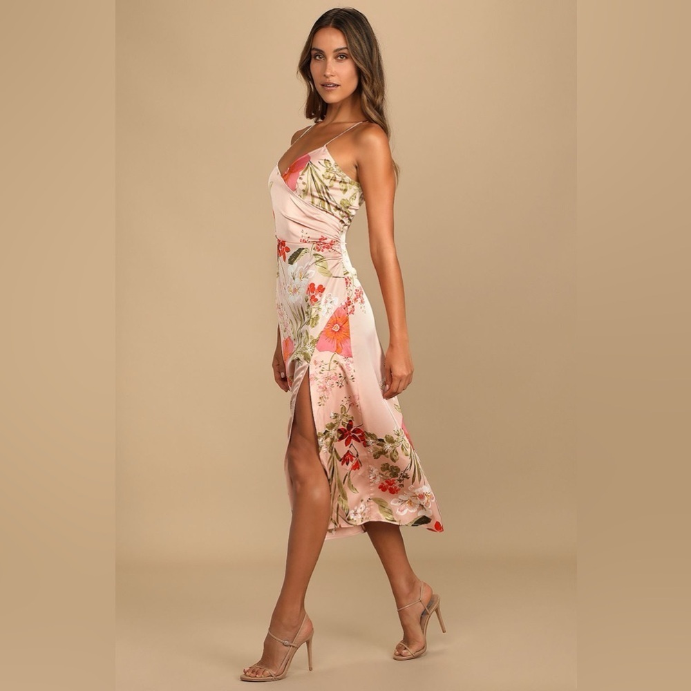 Lulu's Pink Floral Midi Slip Dress with Orange & Green Accents - Picture 3 of 9